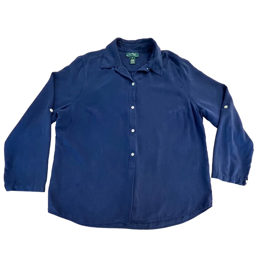 Lauren Ralph‎ Lauren Blue Collared 3/4 Button Down Roll Tab Sleeve 100% Silk 1X